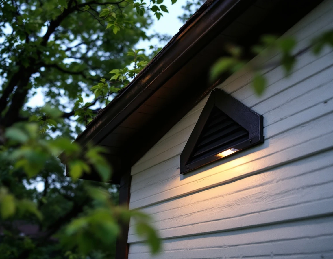 Residential attic soffit vent opening on colonial home during maternity season twilight