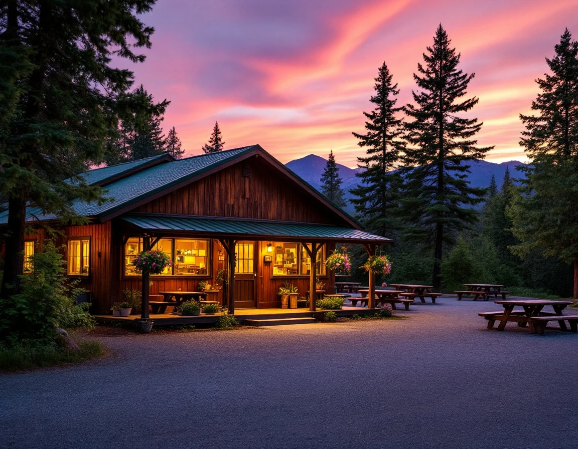 Campground office building at sunset during peak season with warm lighting and mountain backdrop