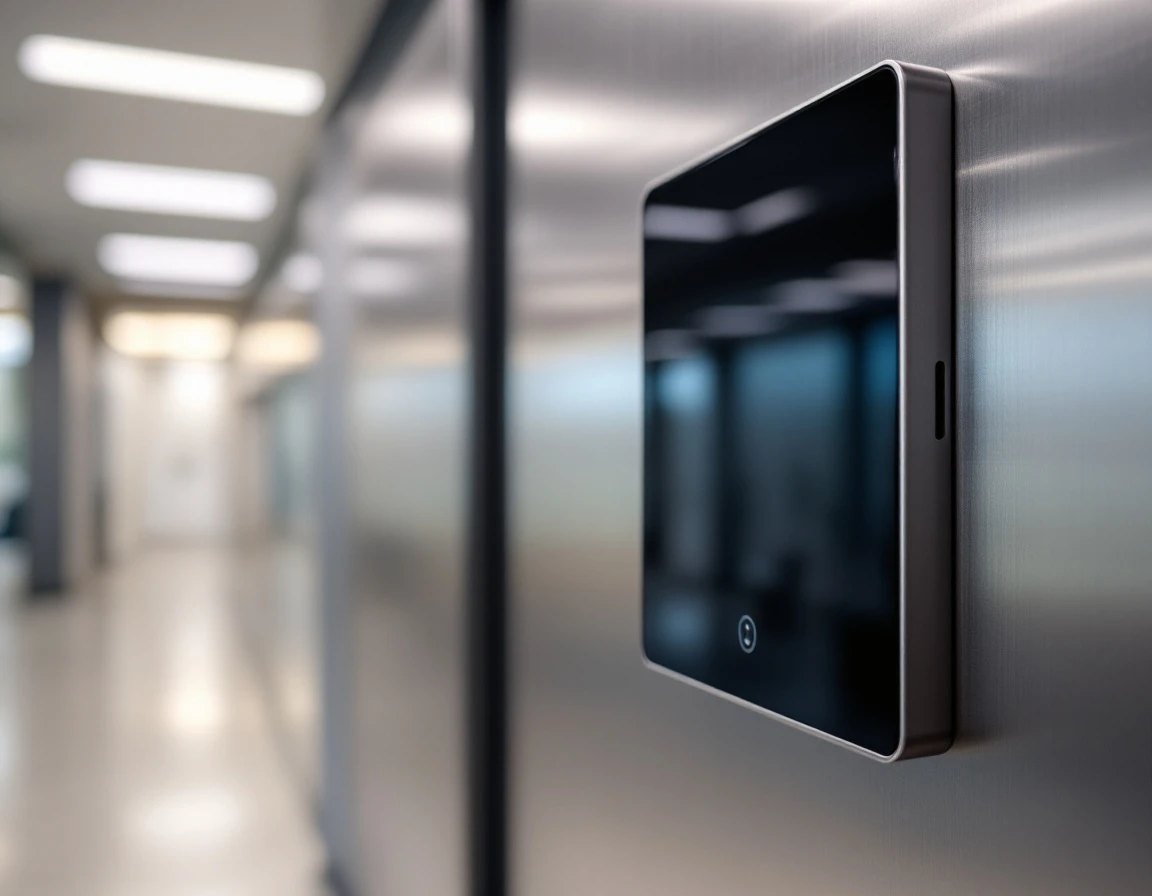 Modern biometric access control panel with inactive display mounted on commercial building wall