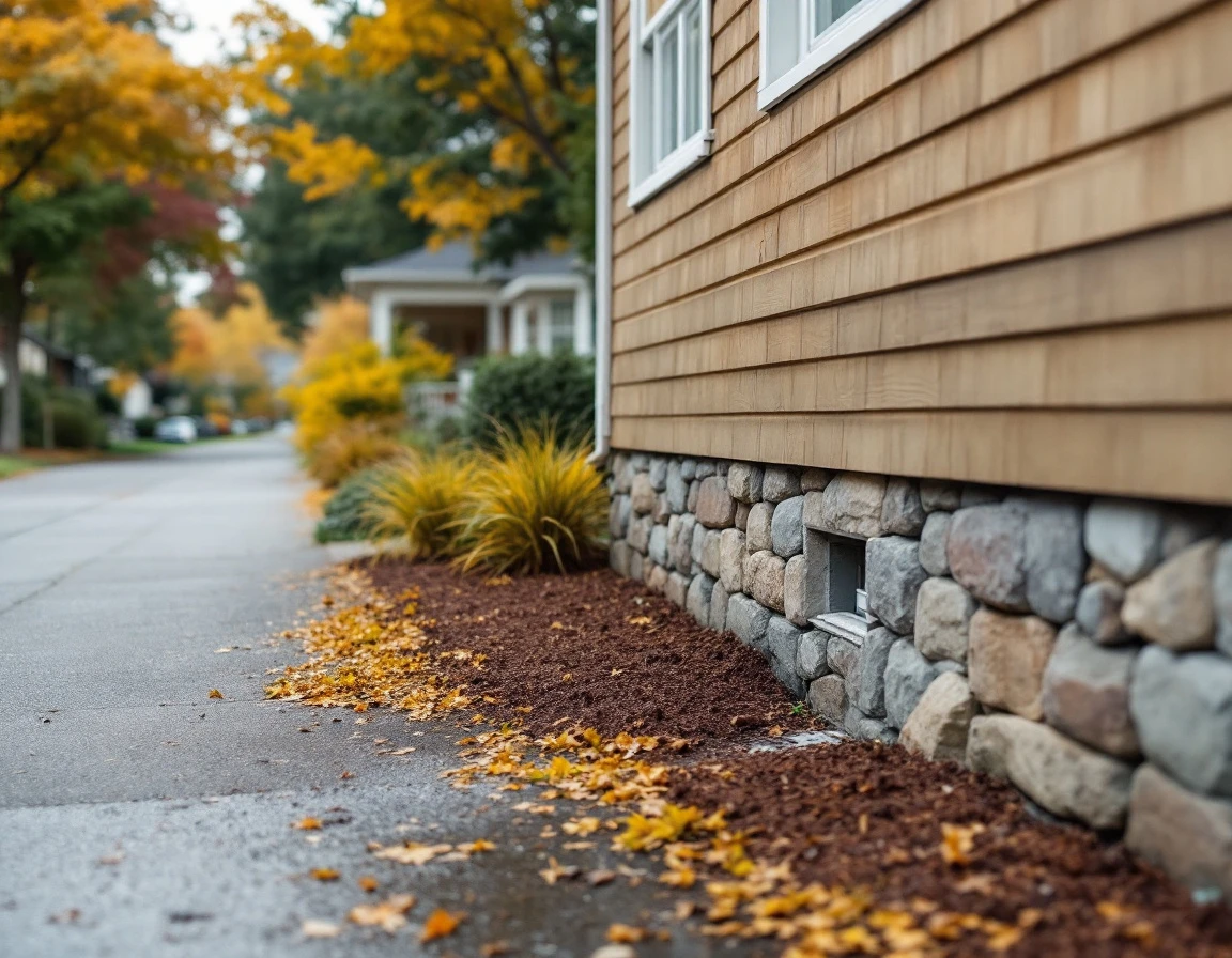 Suburban home exterior showing foundation perimeter and landscaping transition zones in late summer