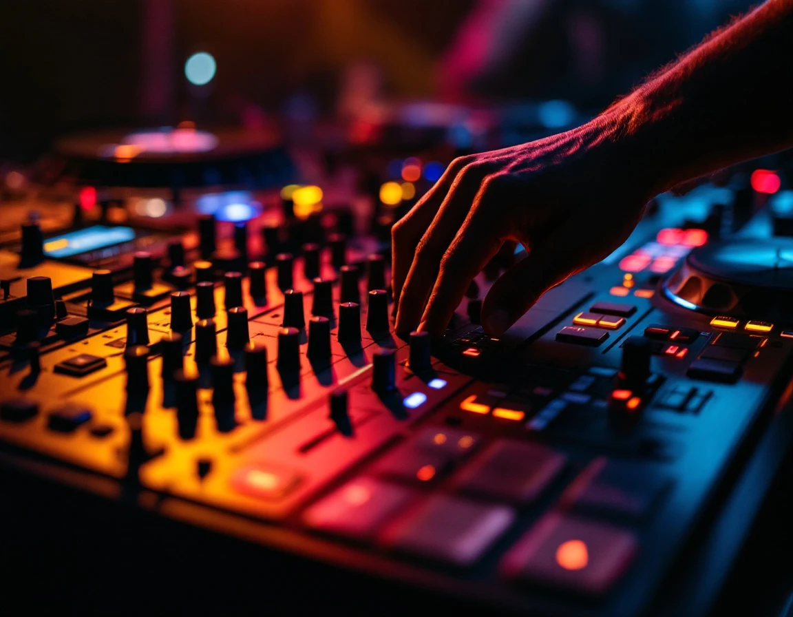 DJ mixing console with hand adjusting crossfader during live event performance