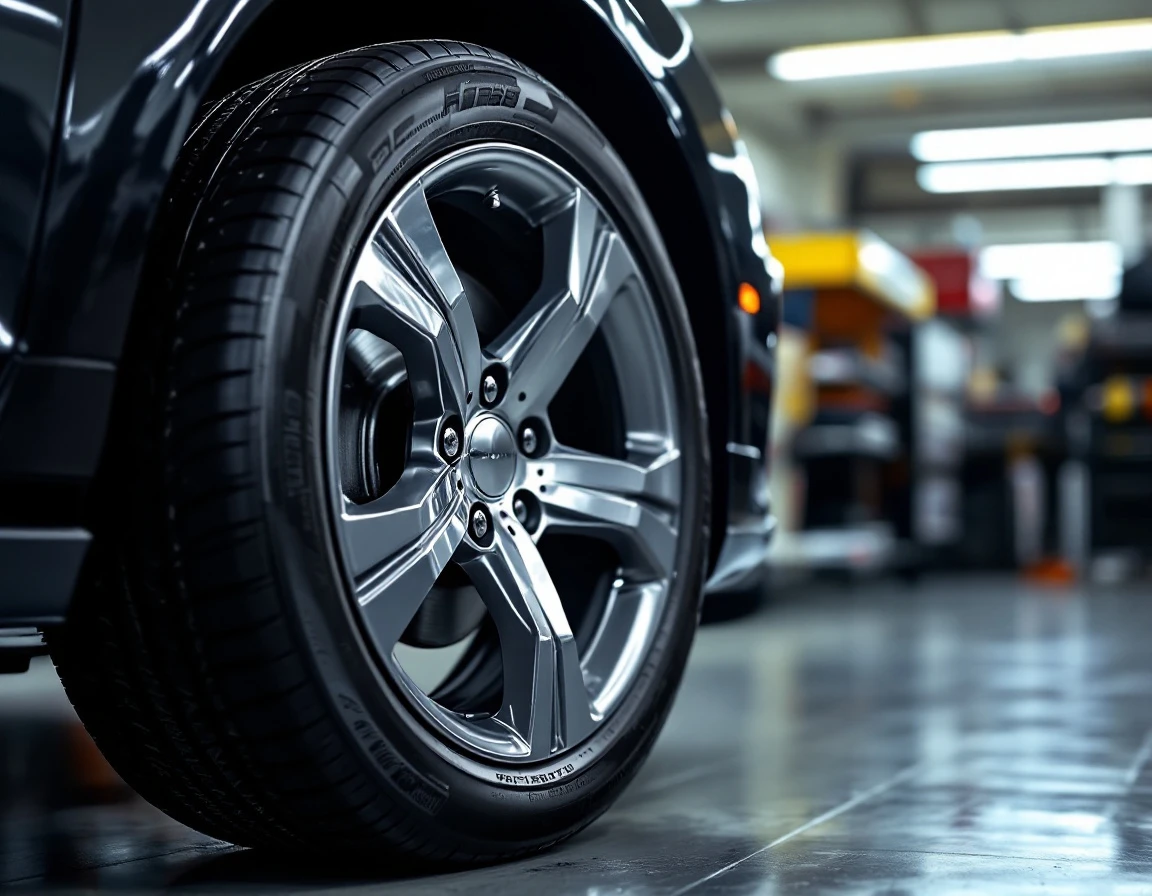 Winter tire with alloy wheel showing deep tread pattern in automotive service shop