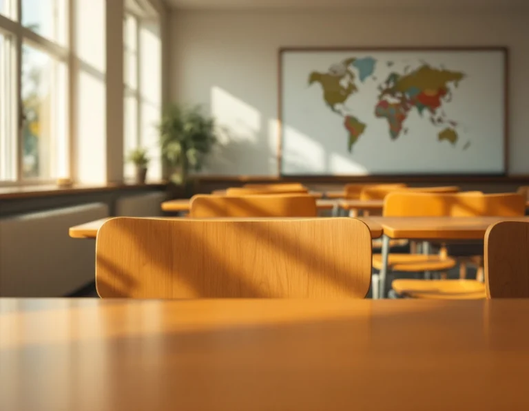 Empty wooden classroom desks with natural window lighting showing traditional in-person learning environment