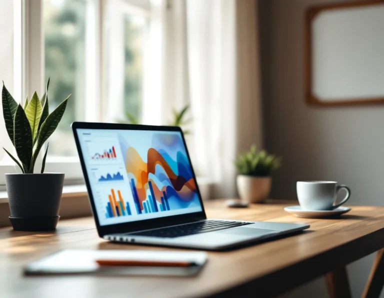Laptop displaying blurred analytics on wooden desk with coffee and plants in natural window light
