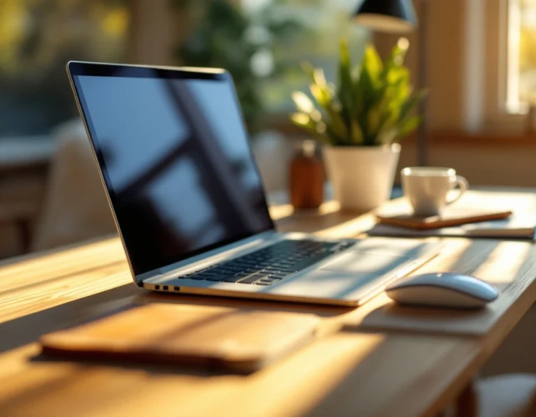 Modern home office desk with laptop and coffee mug in warm natural lighting