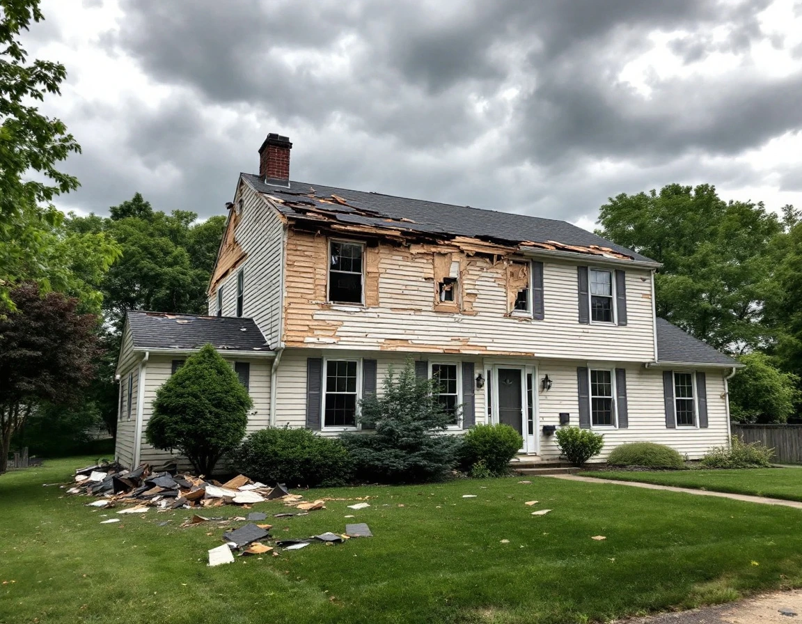 Storm-damaged home showing torn siding and missing roof shingles after severe weather event