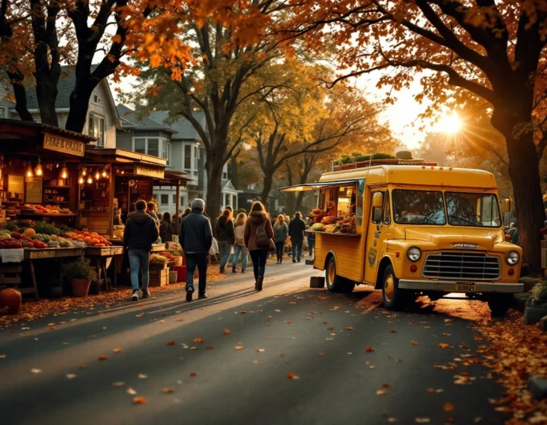 Farmers market with food truck and autumn produce vendors during golden hour in Portland neighborhood