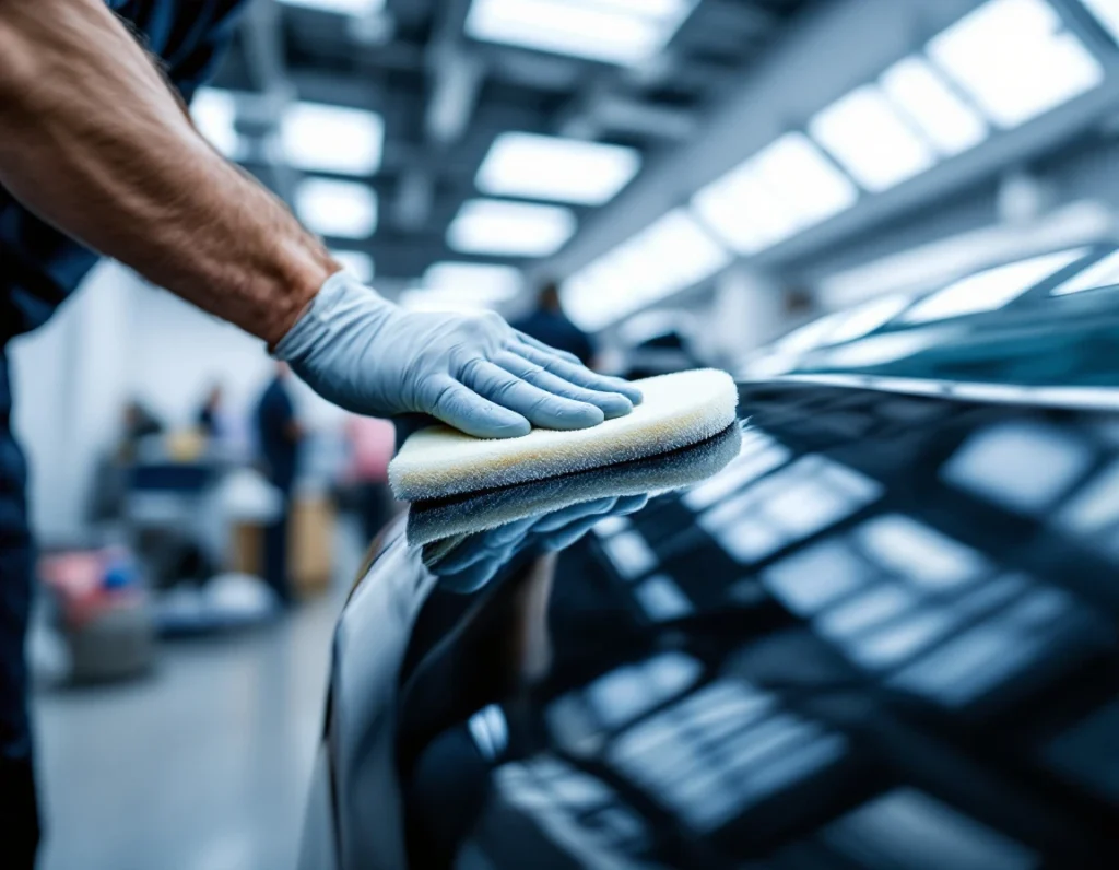 Professional ceramic coating application on vehicle paint surface in automotive detailing facility
