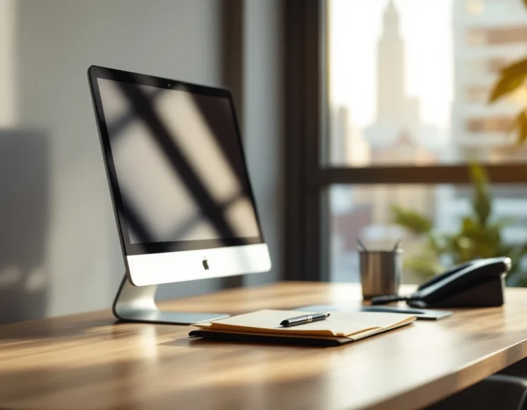 Insurance agent workspace with monitor and compliance materials in downtown office