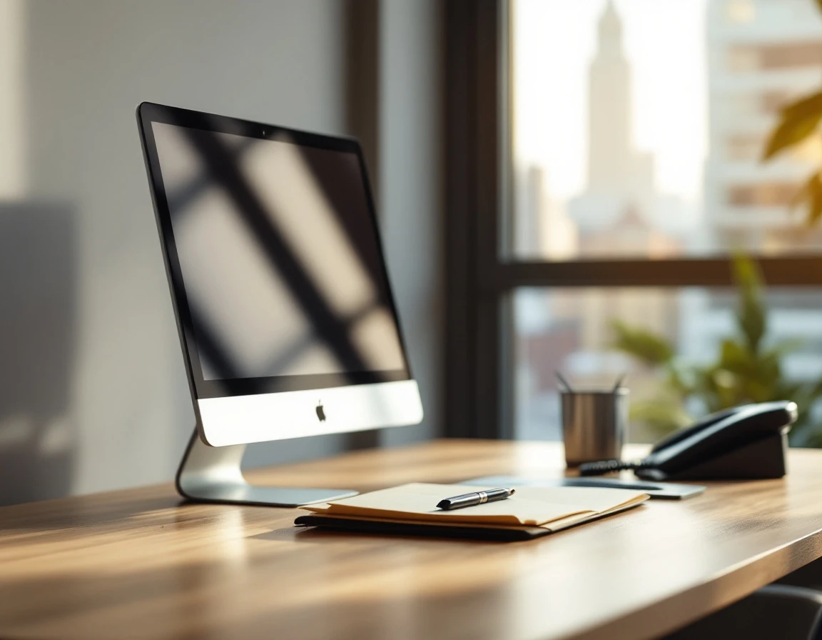 Insurance agent workspace with monitor and compliance materials in downtown office