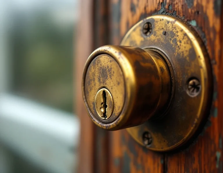 Worn brass deadbolt cylinder showing metal fatigue and corrosion from extended use on residential door