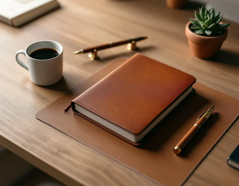 Organized desk workspace with journal and coffee suggesting professional security documentation preparation