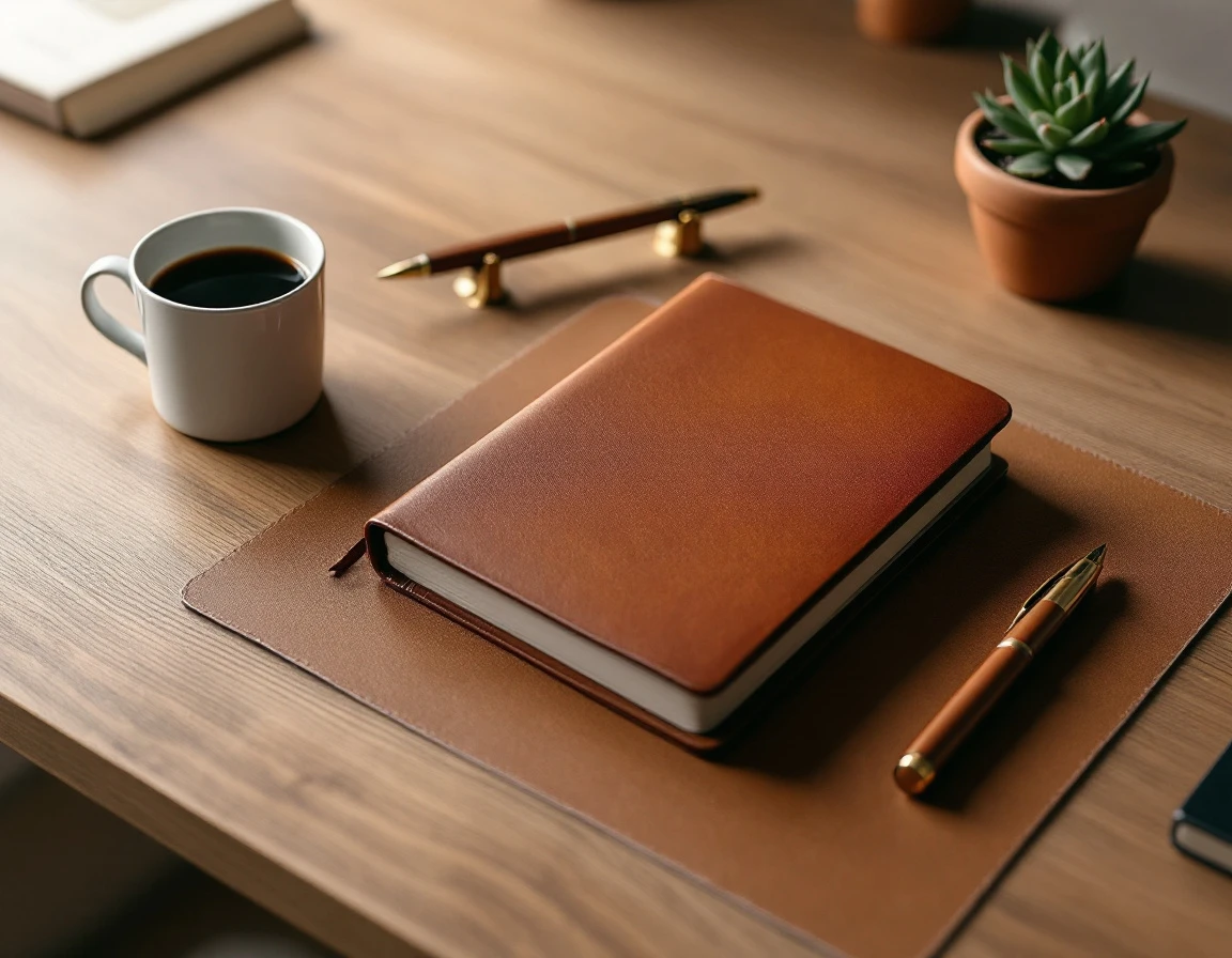 Organized desk workspace with journal and coffee suggesting professional security documentation preparation