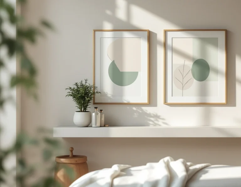 Serene medical spa treatment room with white linens, botanical accents, and minimalist wall art in natural light