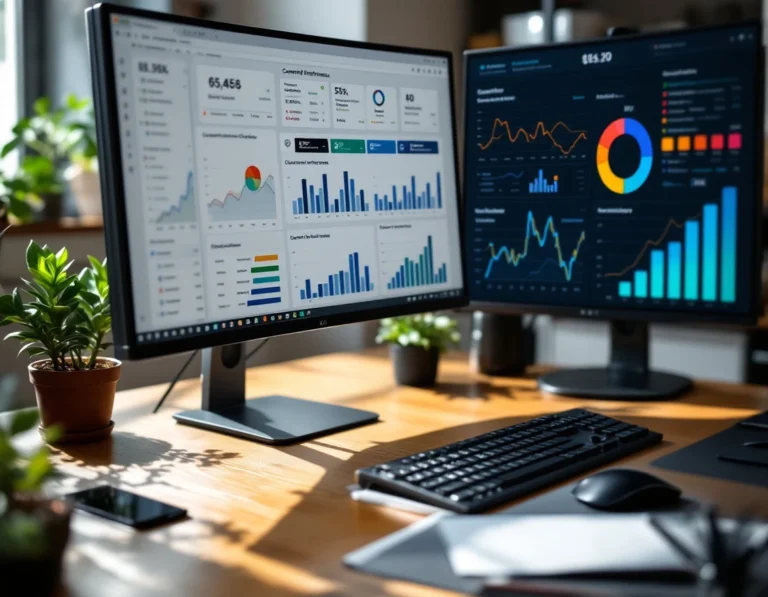 Dual monitor workspace setup displaying analytics dashboards for competitive content audit analysis