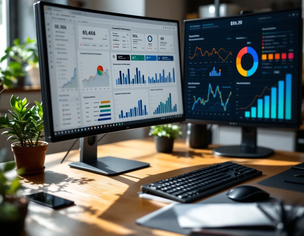Dual monitor workspace setup displaying analytics dashboards for competitive content audit analysis