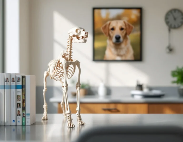 Canine skeletal anatomy model on veterinary examination room counter with educational materials