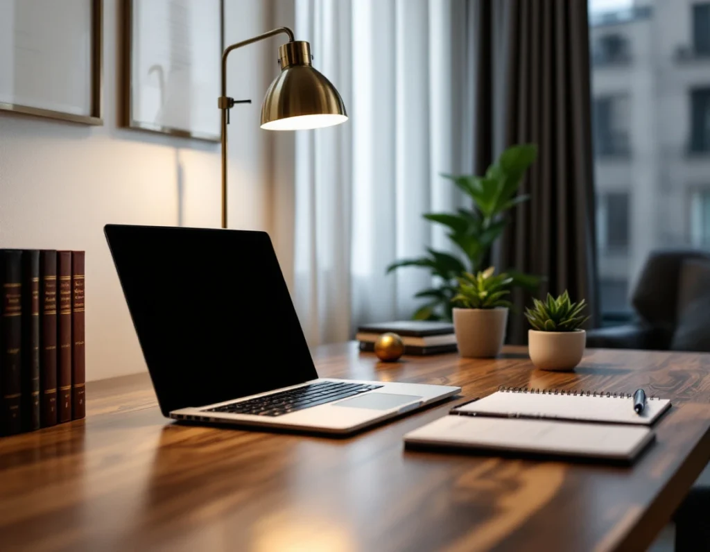 Professional attorney workspace with closed laptop, desk lamp, and reference materials in naturally lit home office