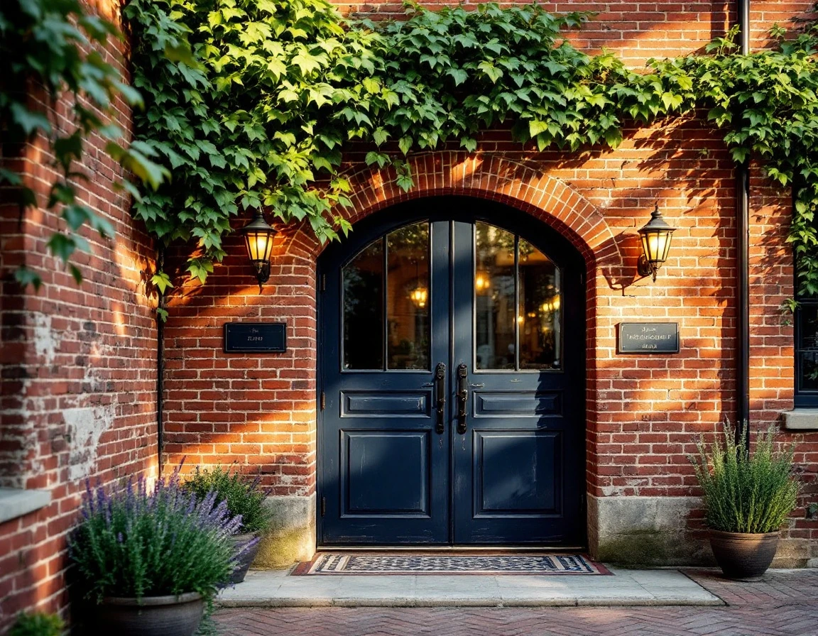 Weathered brick courtyard entrance to boutique hotel with wrought iron gate and warm lantern lighting