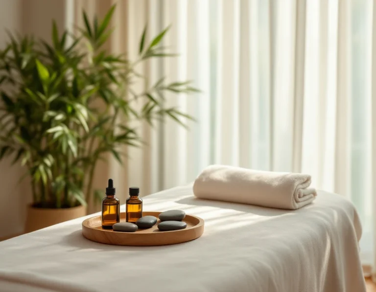Peaceful spa treatment room with massage table and natural wellness elements in soft morning light