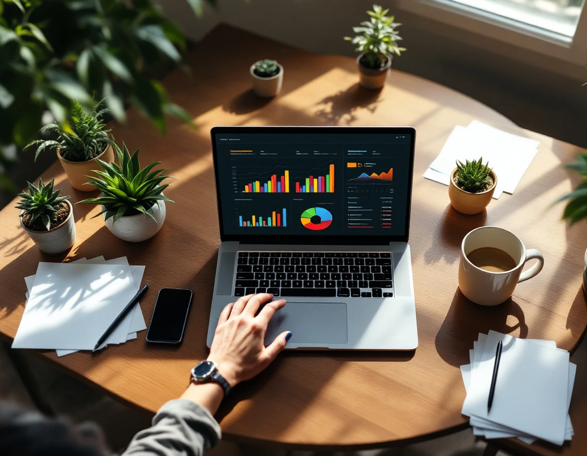 Laptop displaying analytics dashboards on wooden desk with plants and papers in natural window light