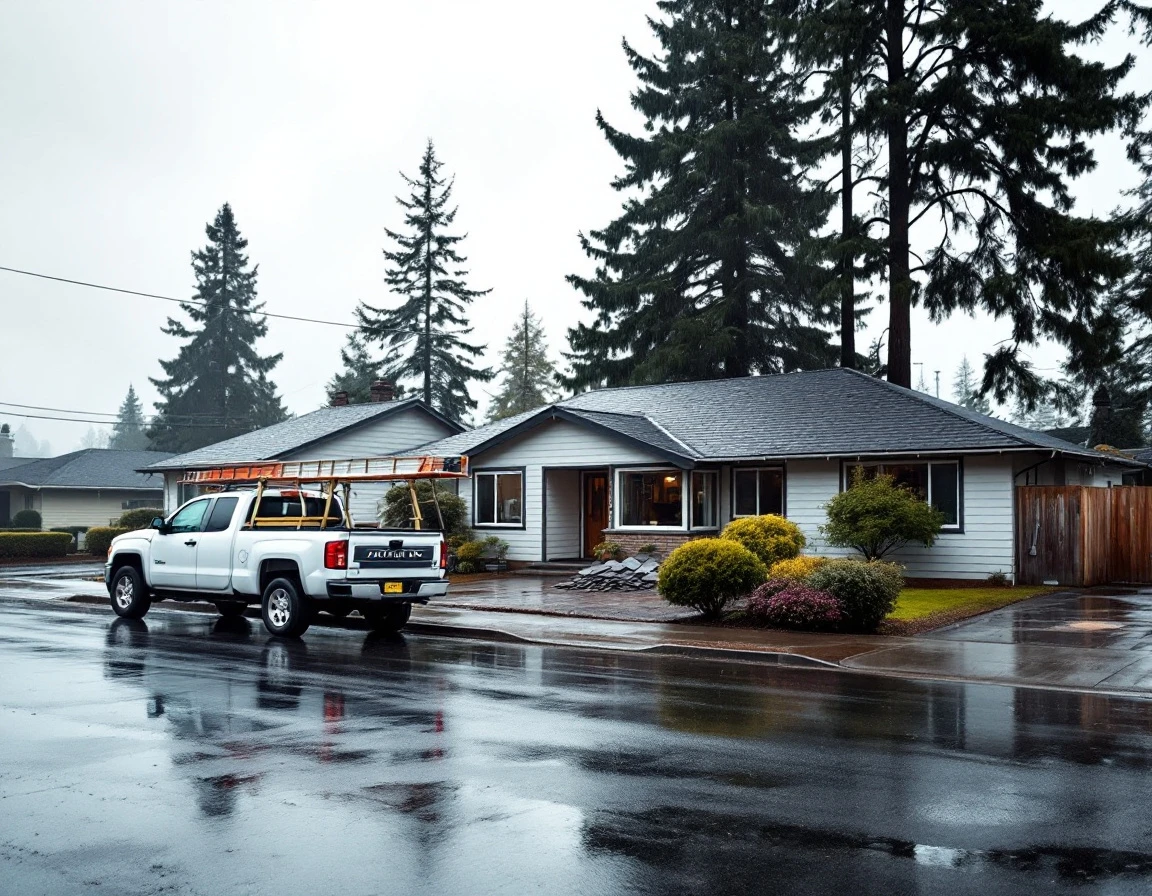 Roofing contractor truck responding to storm damage on residential street after severe weather event