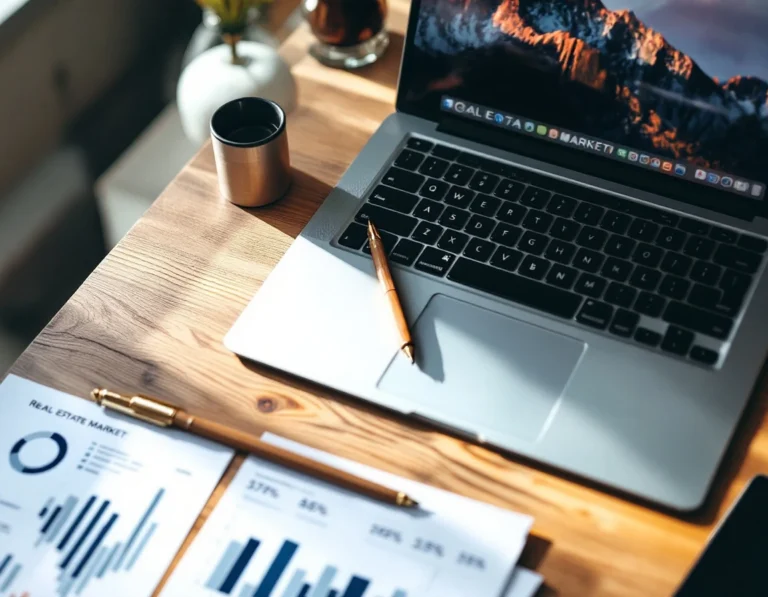 Professional desk workspace with laptop and market analysis charts for real estate data research
