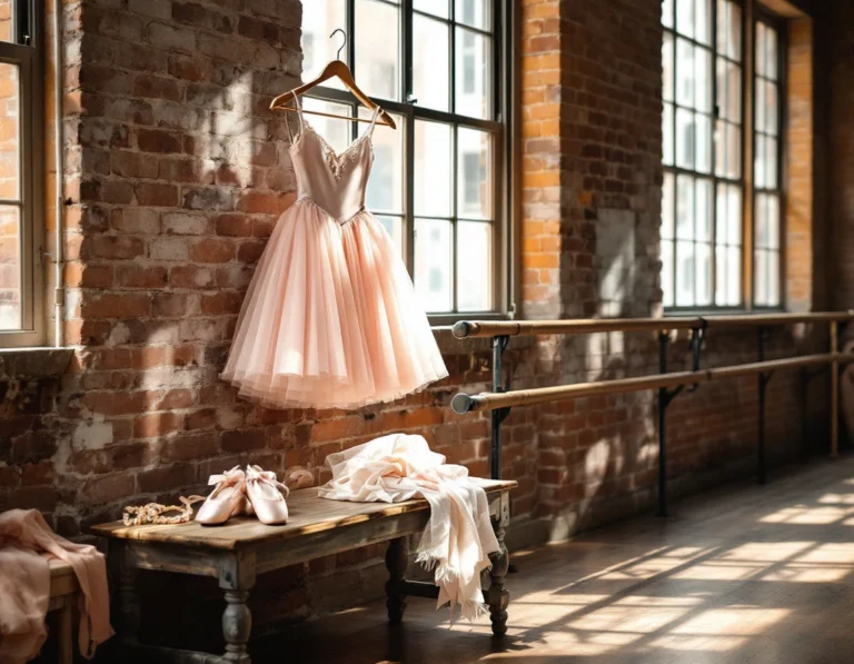Pink tulle recital costume with pointe shoes arranged in natural studio lighting on wooden bench