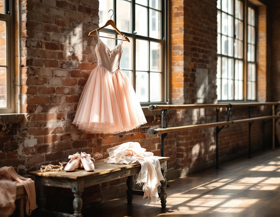 Pink tulle recital costume with pointe shoes arranged in natural studio lighting on wooden bench