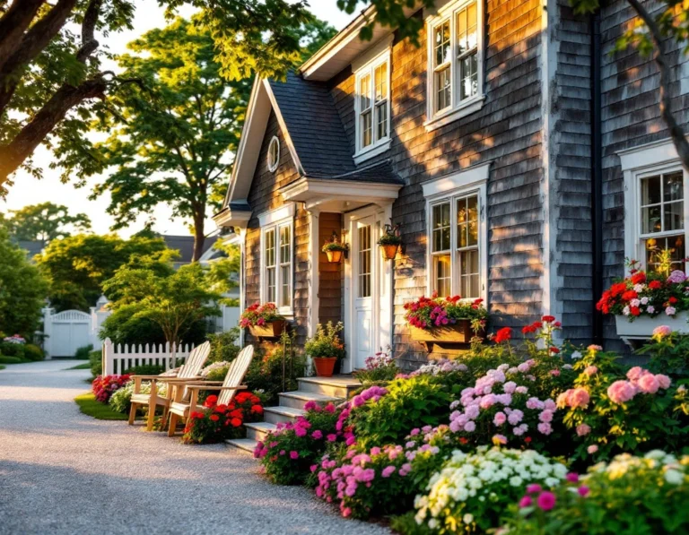 Coastal vacation rental cottage with welcoming curb appeal and professional landscaping in New England seaside community