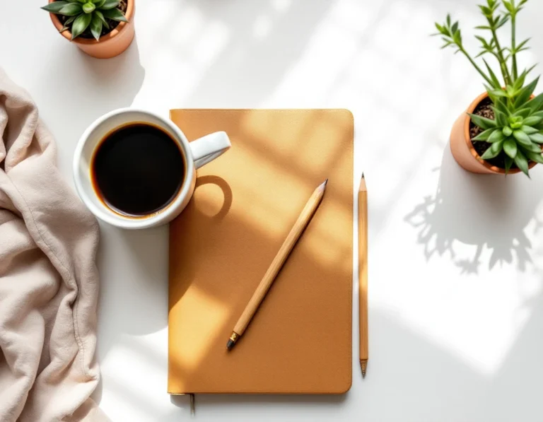 Clean workspace with coffee, leather notebook, and succulents for content planning