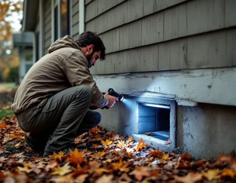 Pest control inspector examining foundation vent and crawlspace entry point on residential home exterior