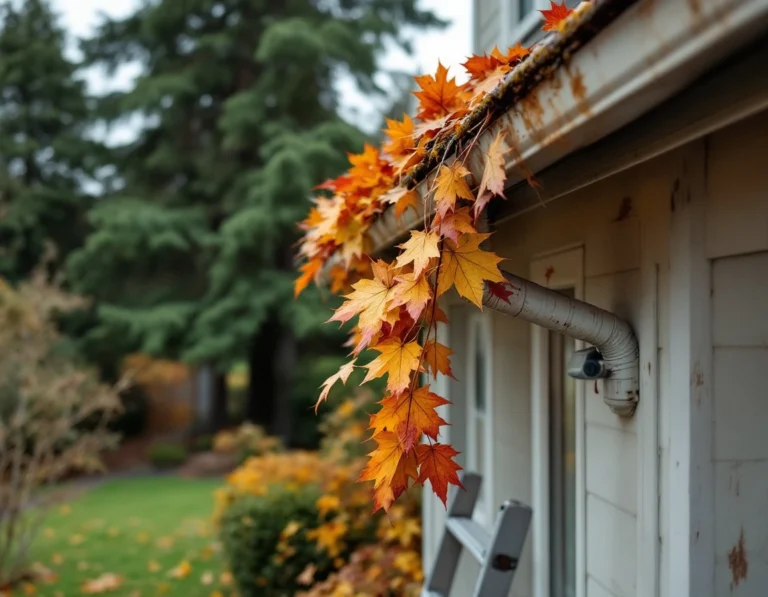 Autumn leaves filling residential gutters on a craftsman home with overflow at downspout and maintenance ladder