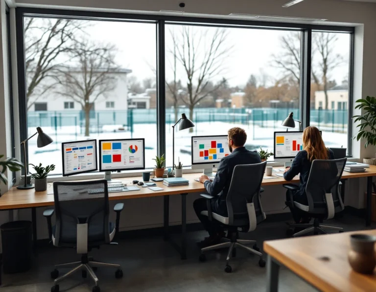 Recreation center office workspace during peak winter registration period with natural lighting and outdoor views