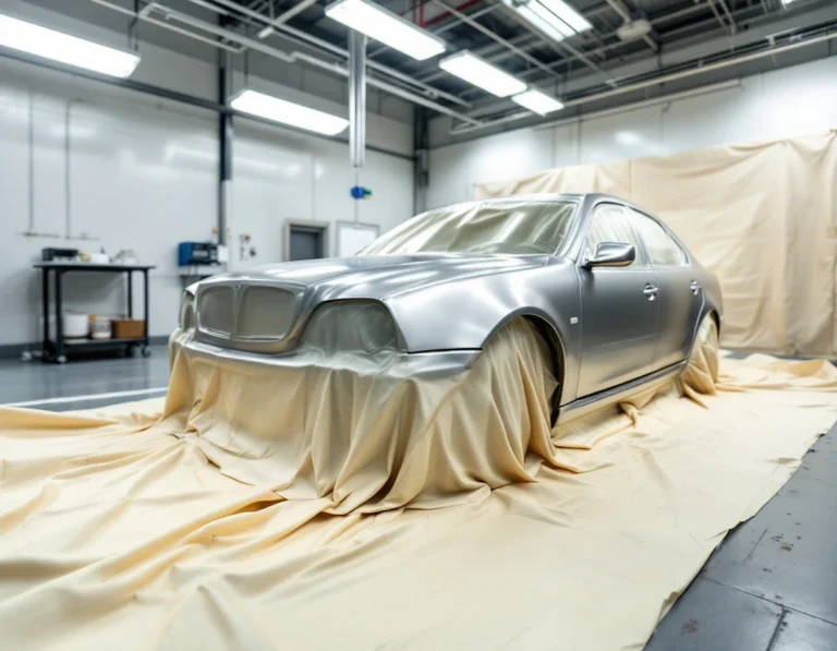 Silver metallic sedan with fresh professional automotive paint finish in collision repair workshop