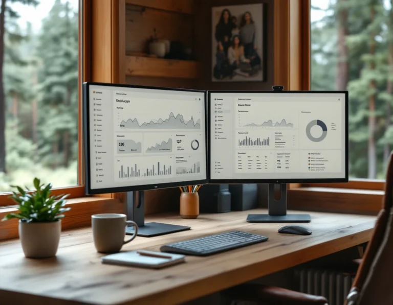 Dual monitor workspace showing automated content management system in campground office with forest view
