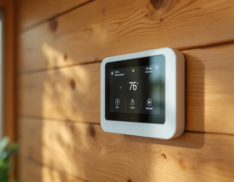 Smart home control panel mounted on wooden wall showing digital interface for home automation systems