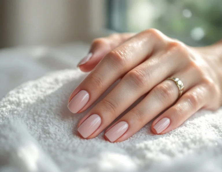 Freshly manicured gel nails with water droplets on towel showing proper post-service care