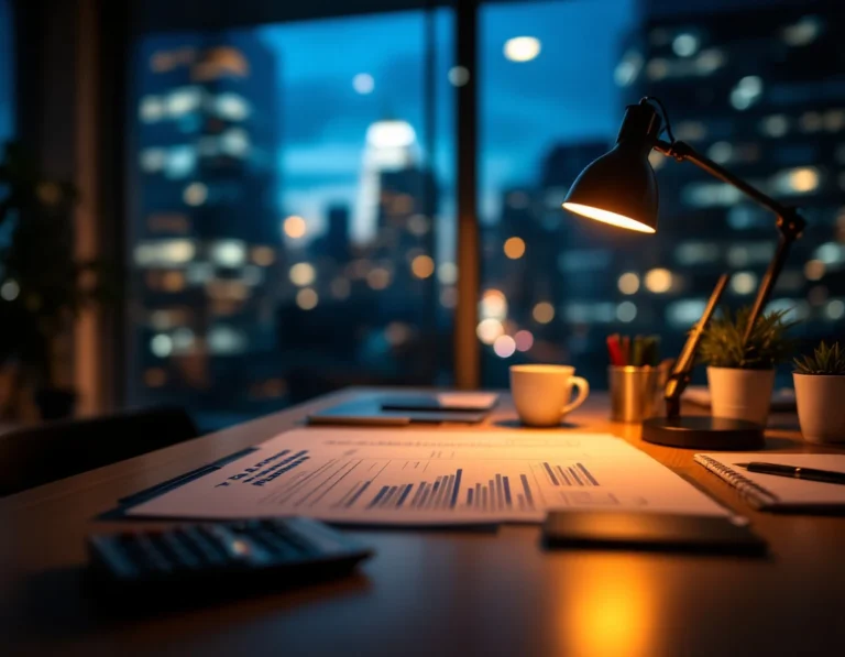 Professional desk with tax planning materials illuminated by warm evening light in modern office setting