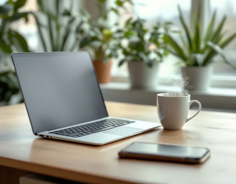 Modern workspace with laptop, coffee, and notebook near window with plants, suggesting content creation workflow