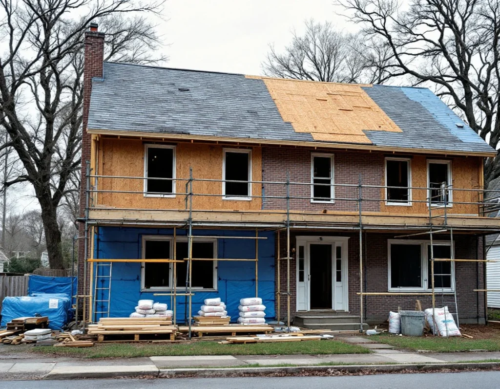 Colonial home with exposed framing, scaffolding, and protective sheeting during major renovation work