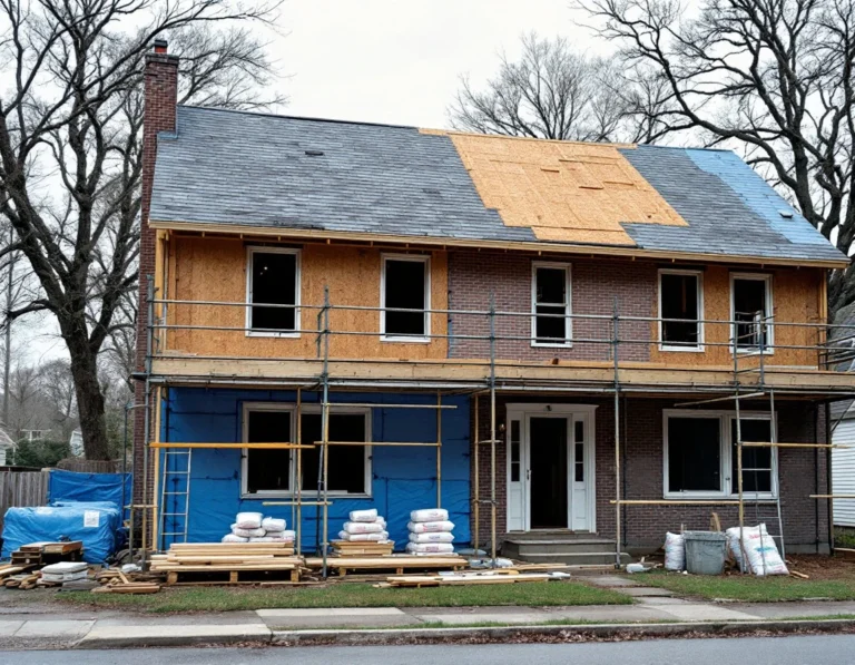 Colonial home with exposed framing, scaffolding, and protective sheeting during major renovation work