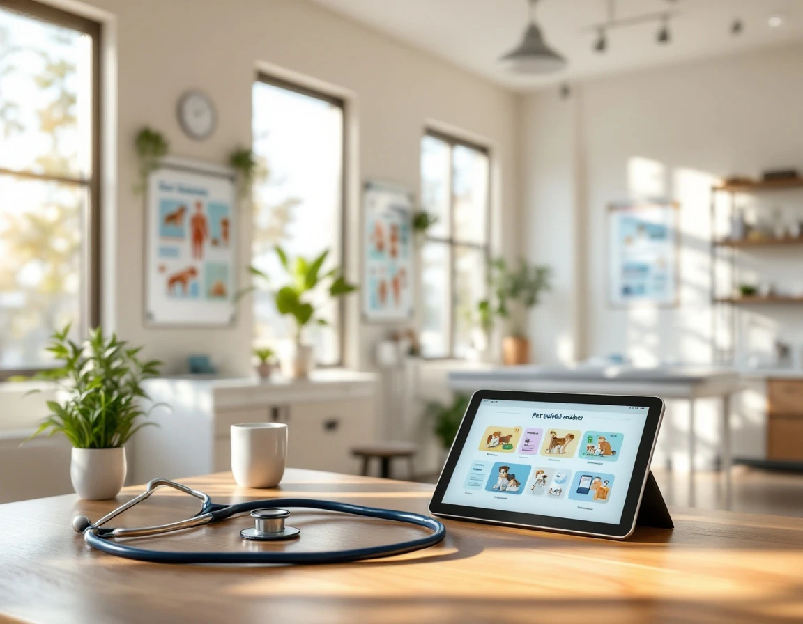 Veterinary clinic workspace with educational materials and medical equipment in natural lighting