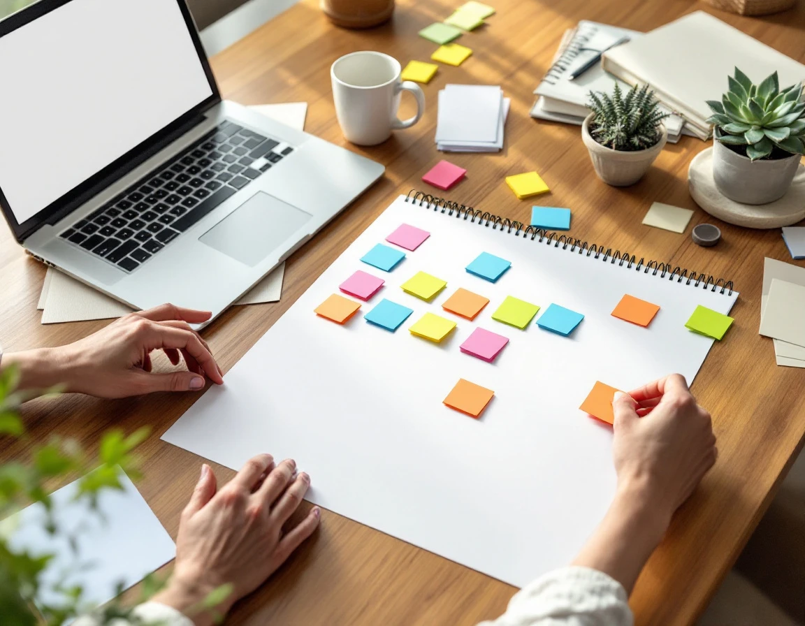 Hands organizing color-coded notes on desk during content gap analysis planning session