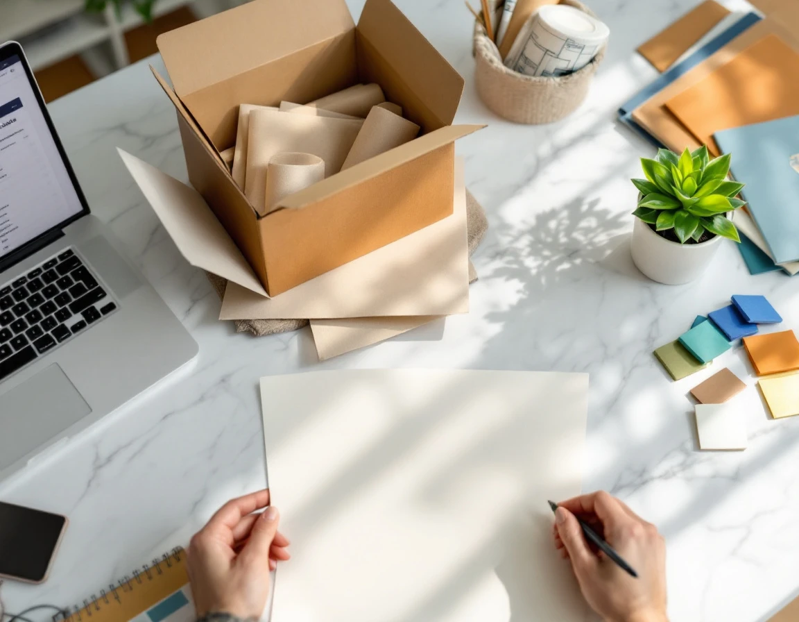 Moving company content planning workspace with checklists, packing materials, and floor plans on marble desk