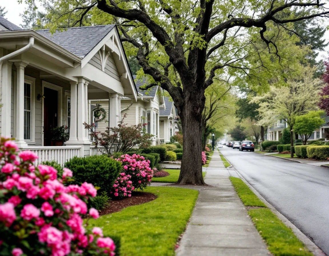 Residential street in Pacific Northwest neighborhood showing well-maintained craftsman homes in early spring