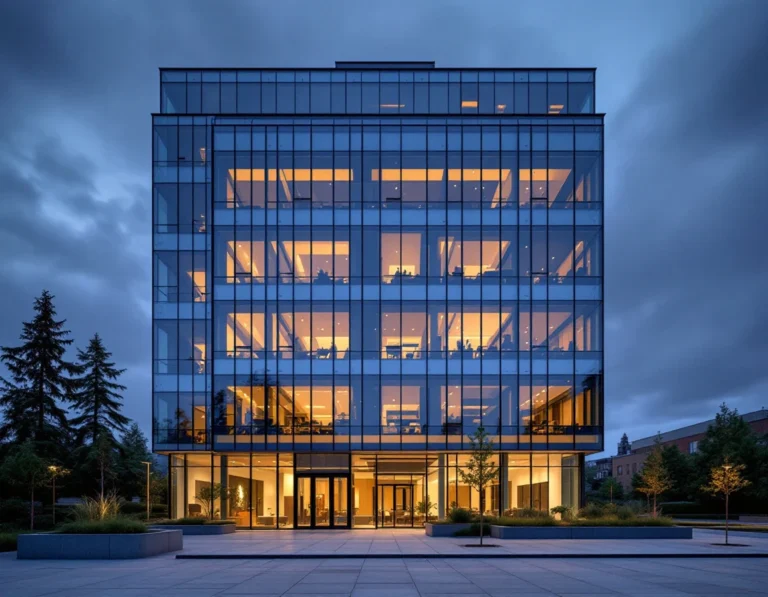 Modern office building at twilight showing realistic window lighting patterns across multiple floors