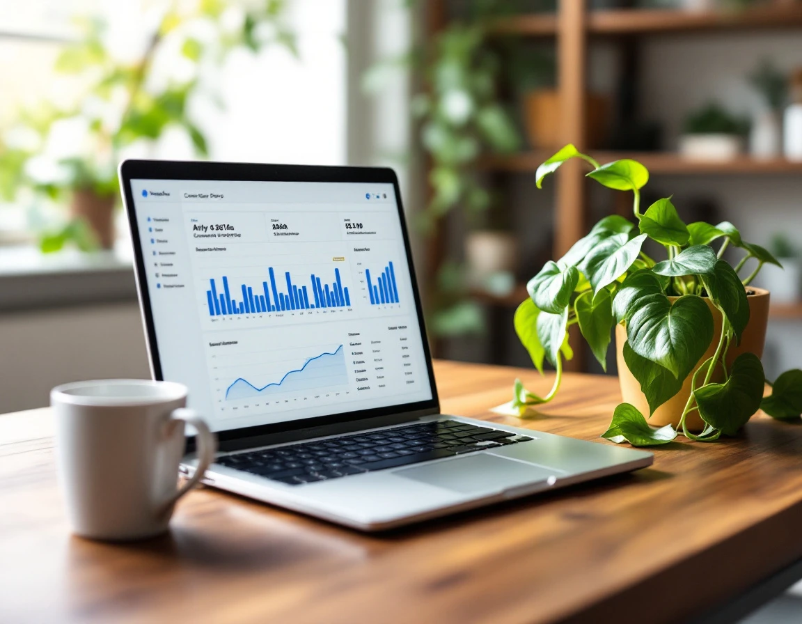 Laptop displaying analytics dashboard on wooden desk with coffee and plant in natural office lighting
