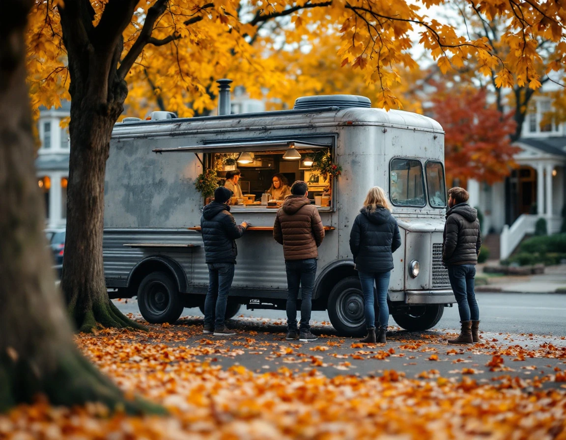 Food truck serving customers on autumn residential street with fallen leaves and neighborhood homes in background