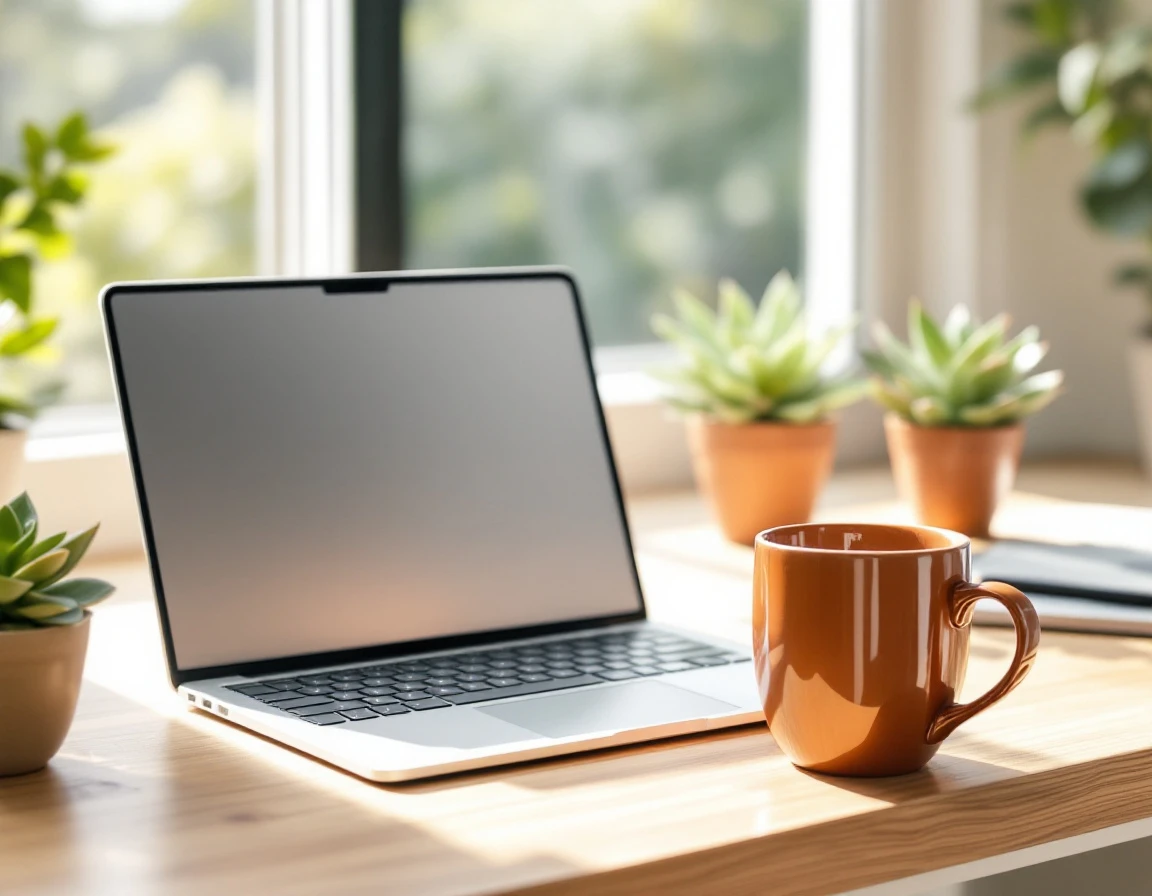 Clean minimalist workspace with laptop and coffee mug in natural window light